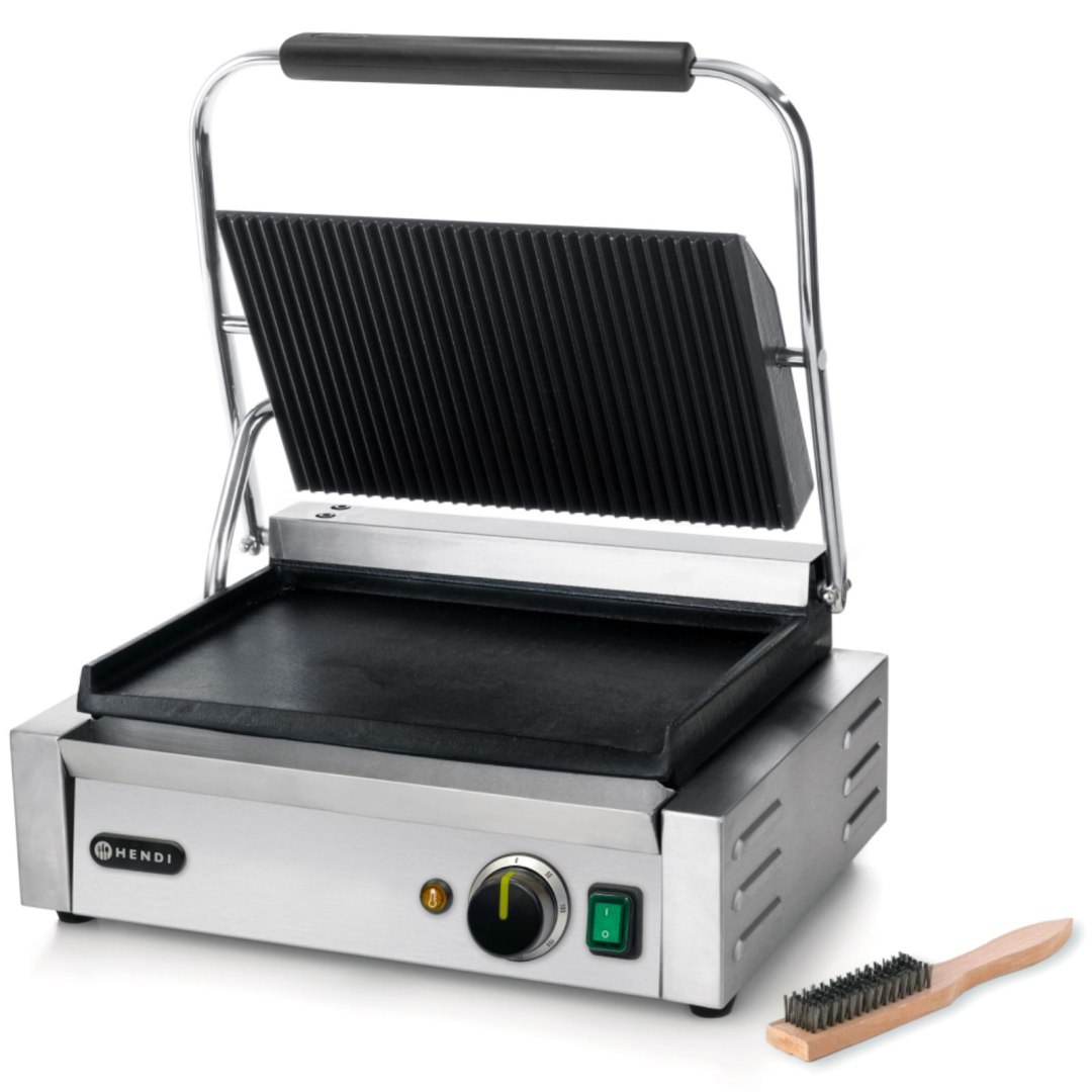 Kontakt grill kontaktowy PANINI góra ryflowana dół gładki 2200W – Hendi 263662 Kontakt grill kontaktowy PANINI góra ryflowana dół gładki 2200W – Hendi 263662
