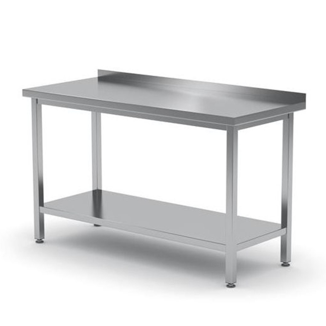 Stół blat roboczy do kuchni stalowy przyścienny z rantem i półką 140x60cm – Hendi 811481 Stół blat roboczy do kuchni stalowy przyścienny z rantem i półką 140x60cm – Hendi 811481