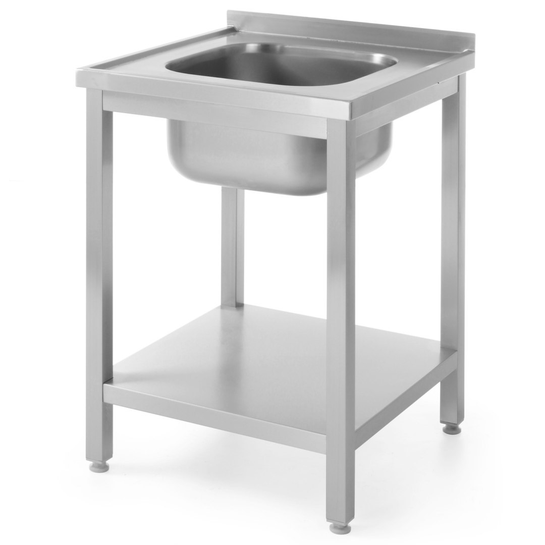 Stół blat roboczy stalowy z jednym zlewem 600x600mm i półką – Hendi 811856
