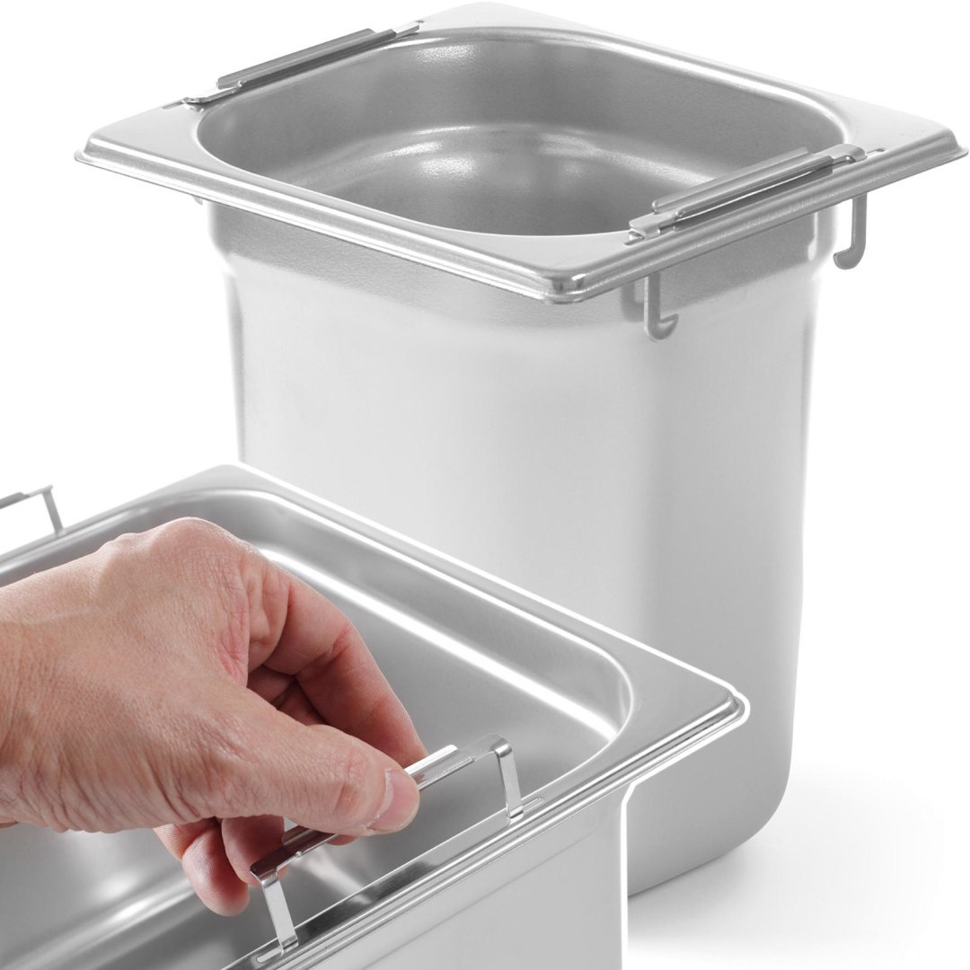 Pojemnik GN z chowanymi uchwytami stal nierdzewna GN1/6 176x162mm wys. 200mm – Hendi 803707 Pojemnik GN z chowanymi uchwytami stal nierdzewna GN1/6 176x162mm wys. 200mm – Hendi 803707