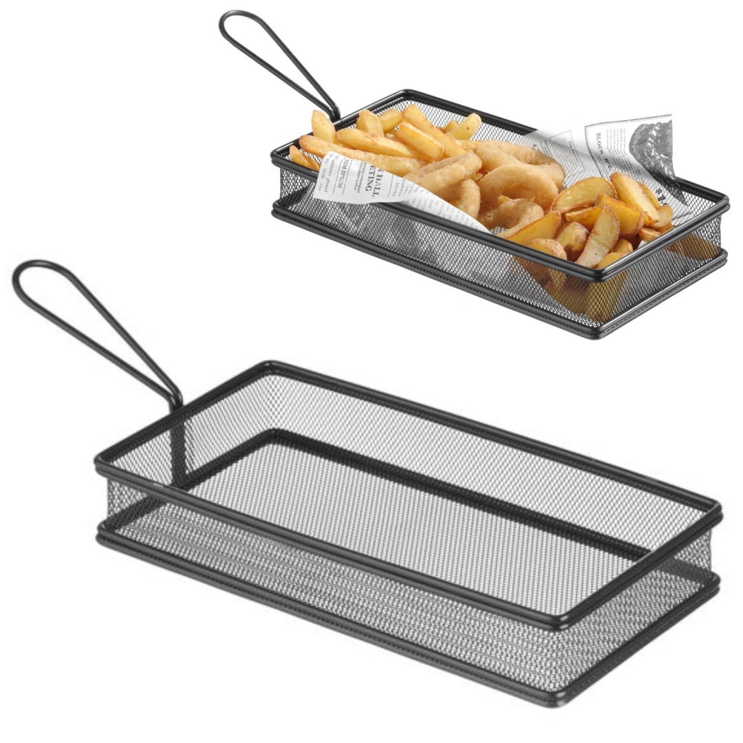 Koszyk do serwowania smażonych przekąsek frytek z uchwytem czarny 255x153x45 mm – Hendi 425657
