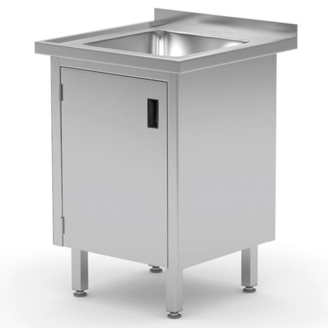 Zlew roboczy gastronomiczny z szafką z drzwiami na zawiasach spawany 60x60x85 cm – Hendi 813522