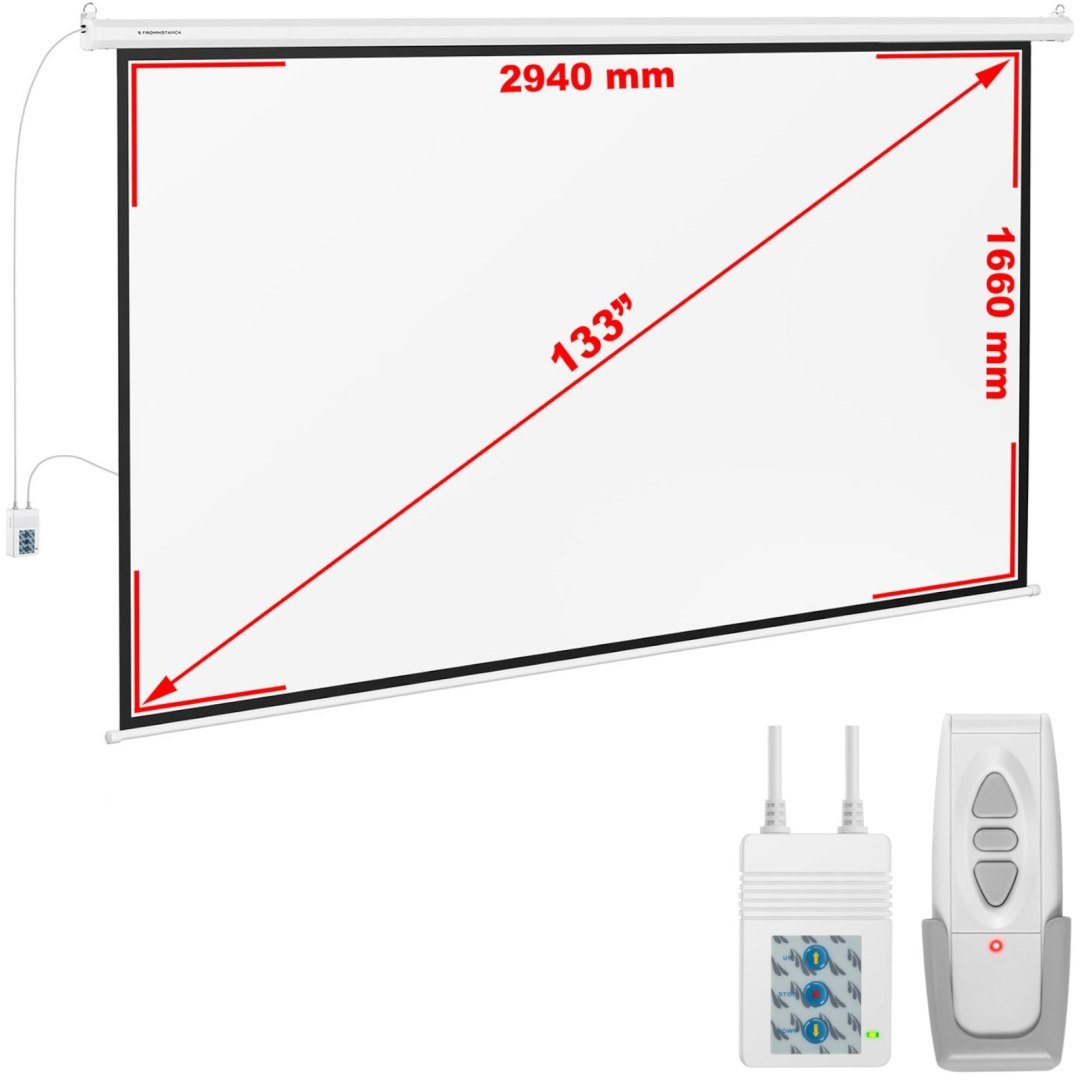 Ekran projekcyjny elekryczny ścienny sufitowy matowy biały 133” 302×201 cm 16:9