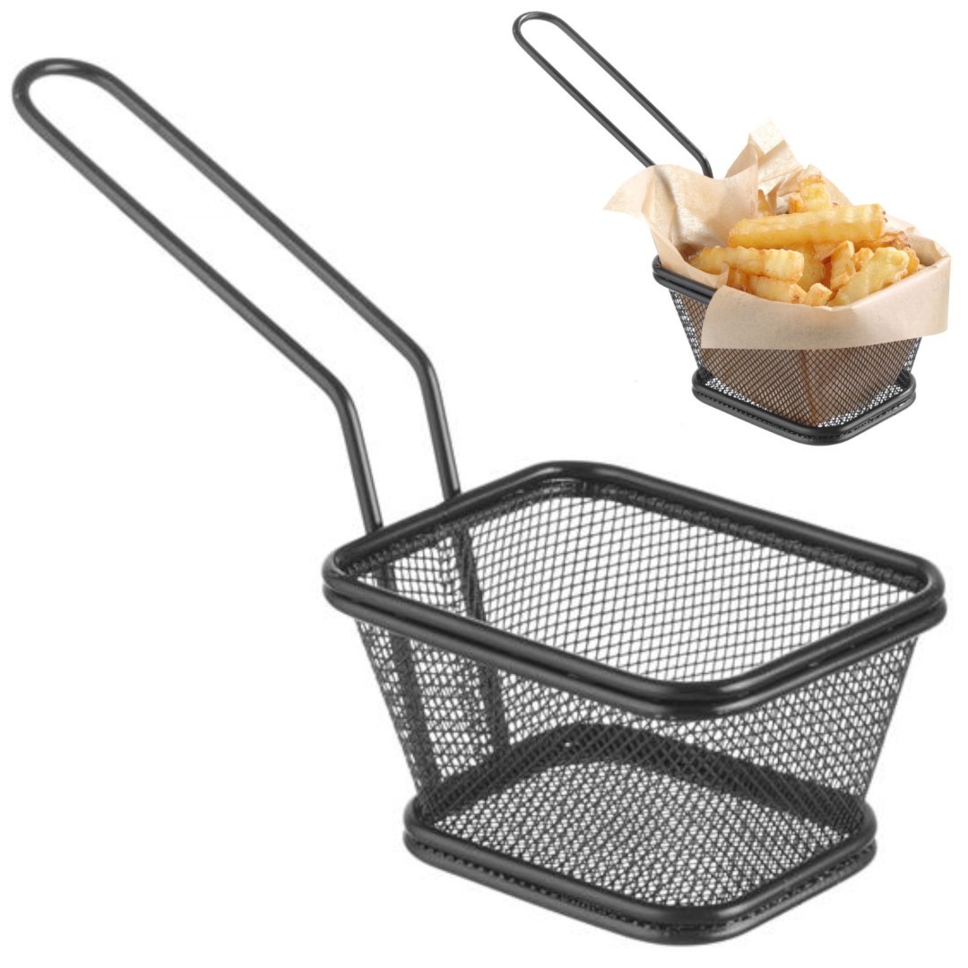 Koszyk do serwowania smażonych przekąsek frytek z uchwytem czarny 105x90x60 mm – Hendi 425671 Koszyk do serwowania smażonych przekąsek frytek z uchwytem czarny 105x90x60 mm – Hendi 425671