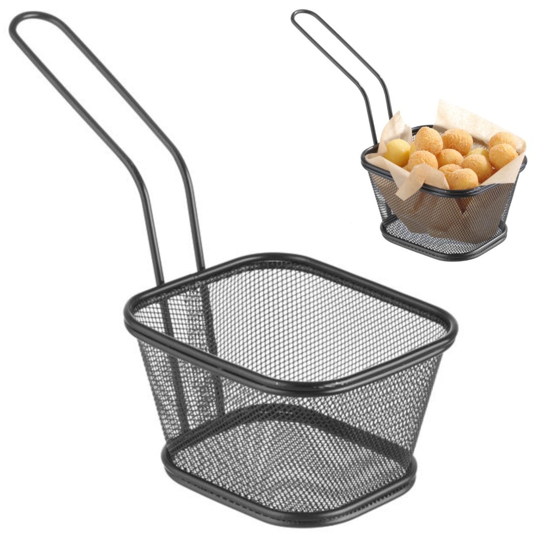 Koszyk do serwowania smażonych przekąsek frytek z uchwytem czarny 130x115x80 mm – Hendi 425695 Koszyk do serwowania smażonych przekąsek frytek z uchwytem czarny 130x115x80 mm – Hendi 425695