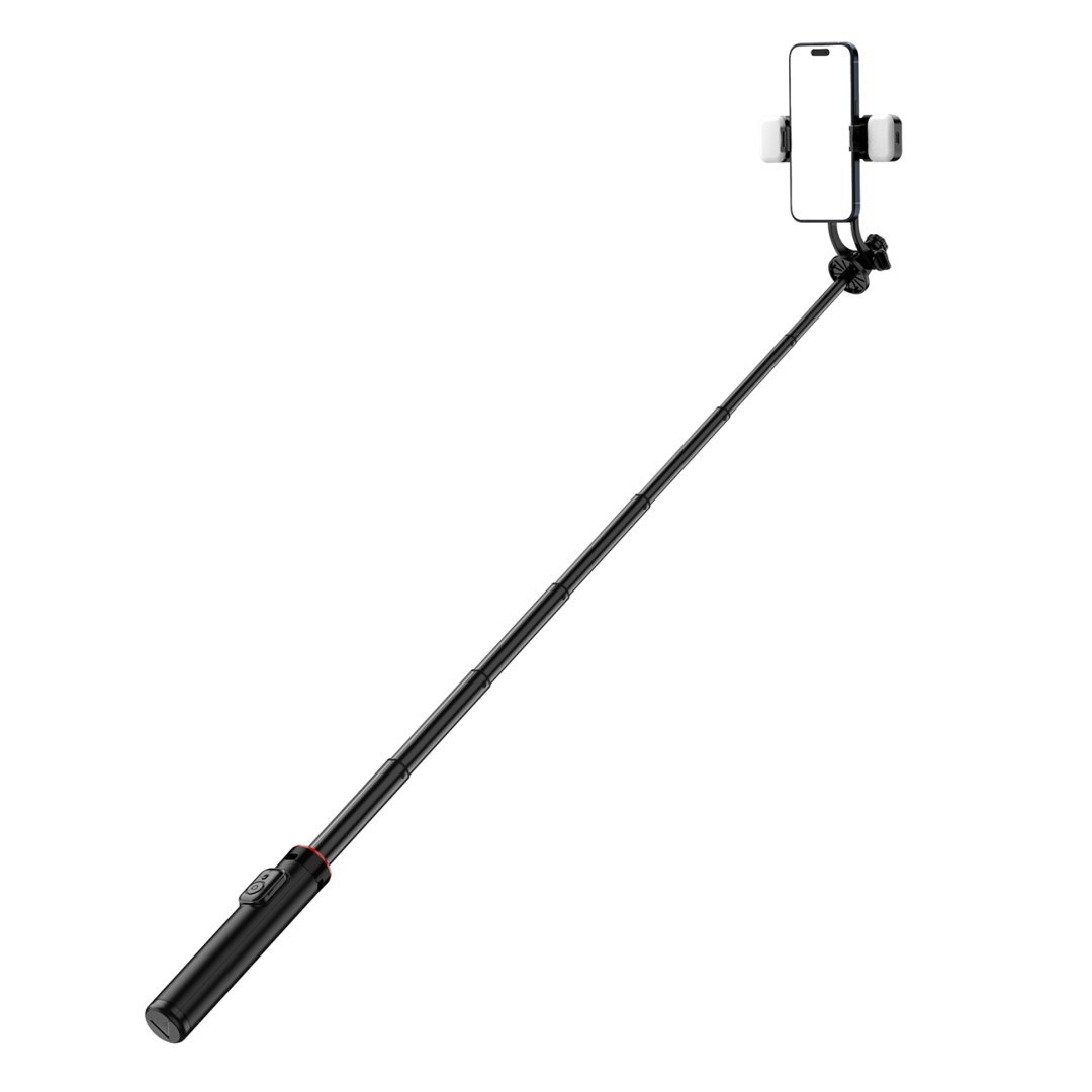 Selfie stick teleskopowy z pilotem + 2x lampka LED stojak tripod na telefon 1.3m aluminium – czarny