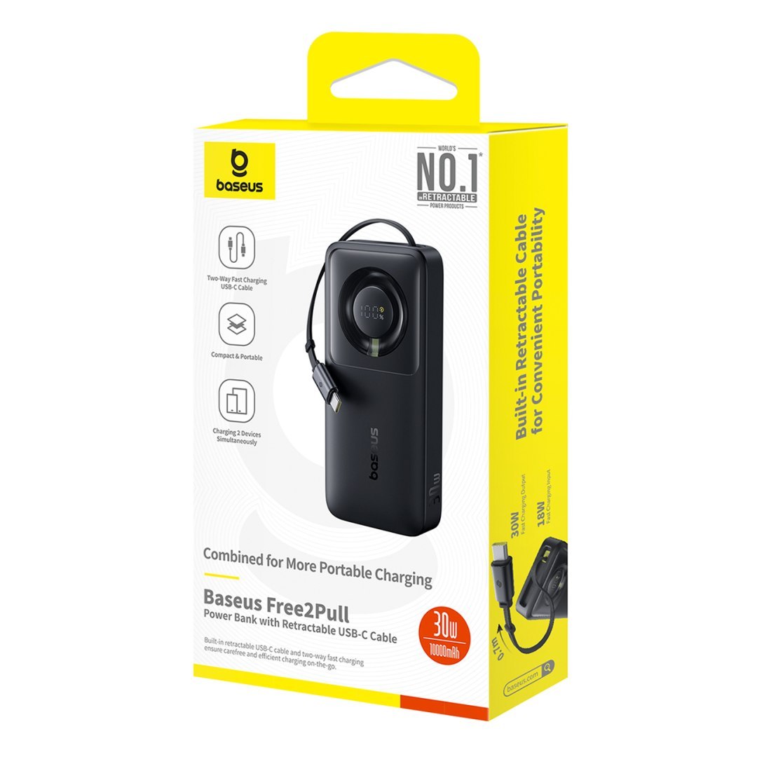 Powerbank 10000mAh 30W z portem USB-C i rozwijanym kablem USB-C Free2Pull – czarny