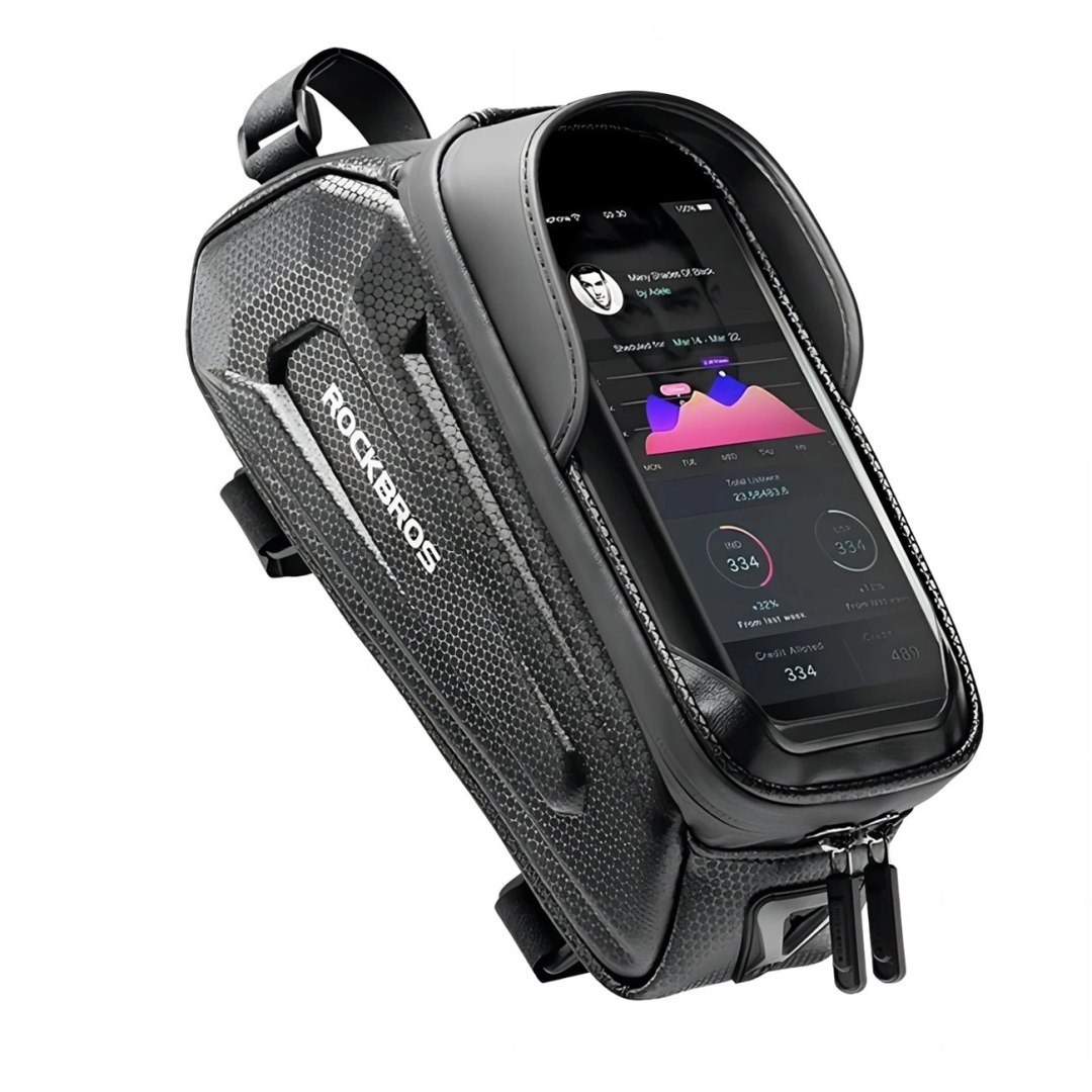 Sakwa rowerowa na ramę pancerna z kieszonką na telefon nawigację 1.7l – czarna Sakwa rowerowa na ramę pancerna z kieszonką na telefon nawigację 1.7l – czarna