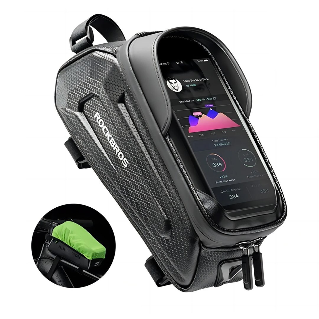 Sakwa rowerowa na ramę pancerna z kieszonką na telefon nawigację 1.7l + pokrowiec – czarna