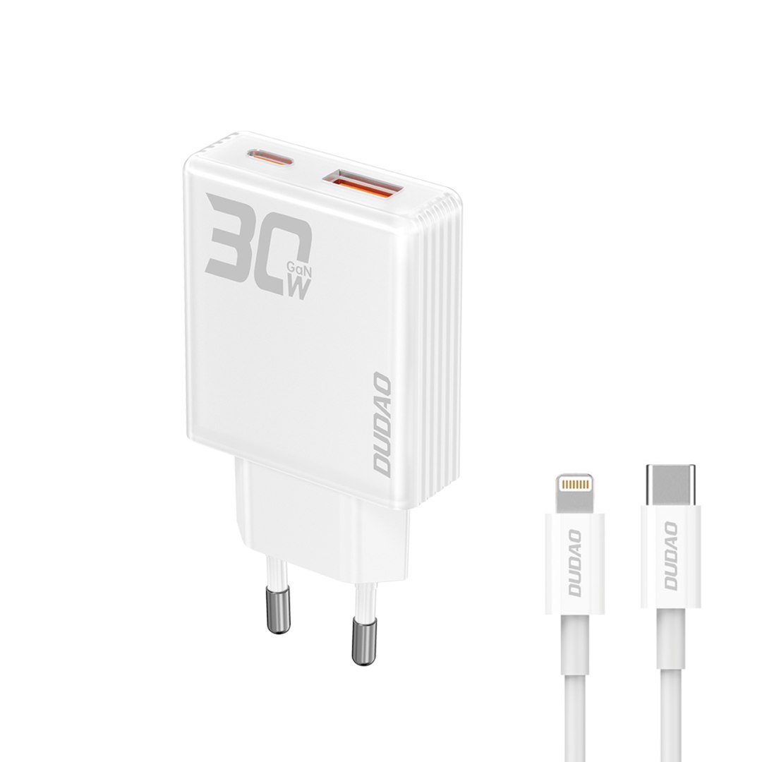 Ładowarka sieciowa GaN A30EUL 30W USB-A USB-C + kabel USB-C – Lightning – biała