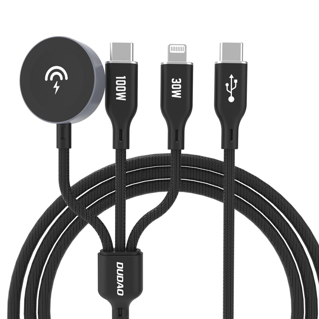 3w1 Kabel przewód USB-C – USB-C / iPhone Lightning / ładowarka do Apple Watch PD 100W 1.2m – czarny
