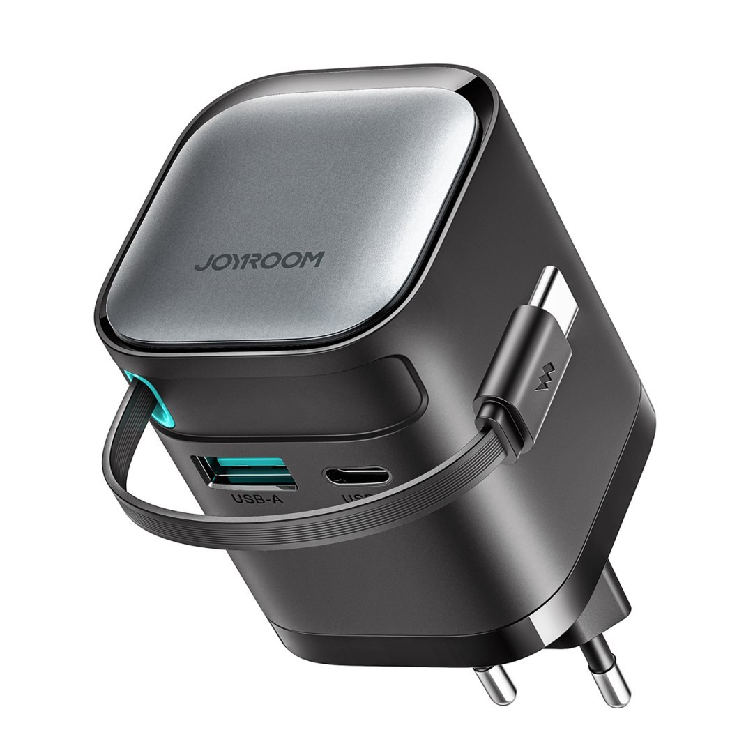 Ładowarka sieciowa GaN 65W USB-A USB-C z wbudowanym kablem USB-C – czarna Ładowarka sieciowa GaN 65W USB-A USB-C z wbudowanym kablem USB-C – czarna
