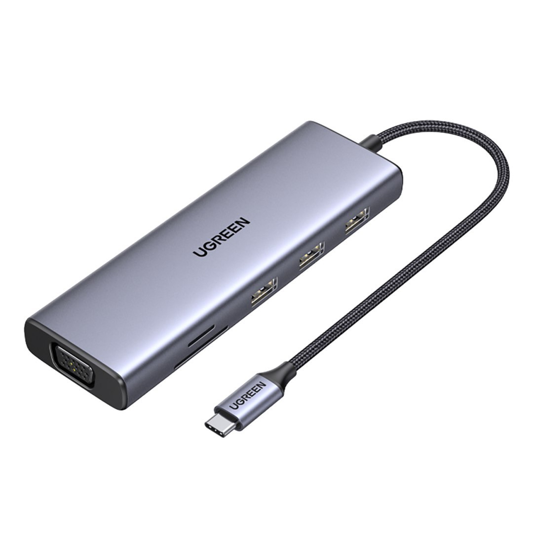 HUB Adapter USB-C – 3x USB-A 3.0 / HDMI / VGA / RJ45 / czytnik kart SD / TF / USB-C PD – szary HUB Adapter USB-C – 3x USB-A 3.0 / HDMI / VGA / RJ45 / czytnik kart SD / TF / USB-C PD – szary
