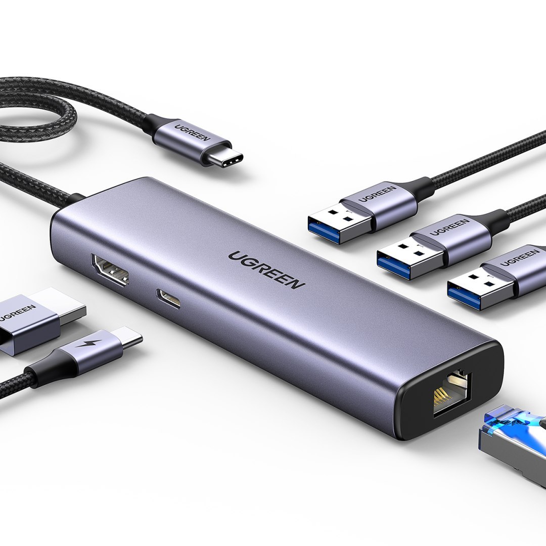 6w1 HUB adapter USB-C – 3x USB-A 3.0 / HDMI / RJ45 / USB-C PD – szary