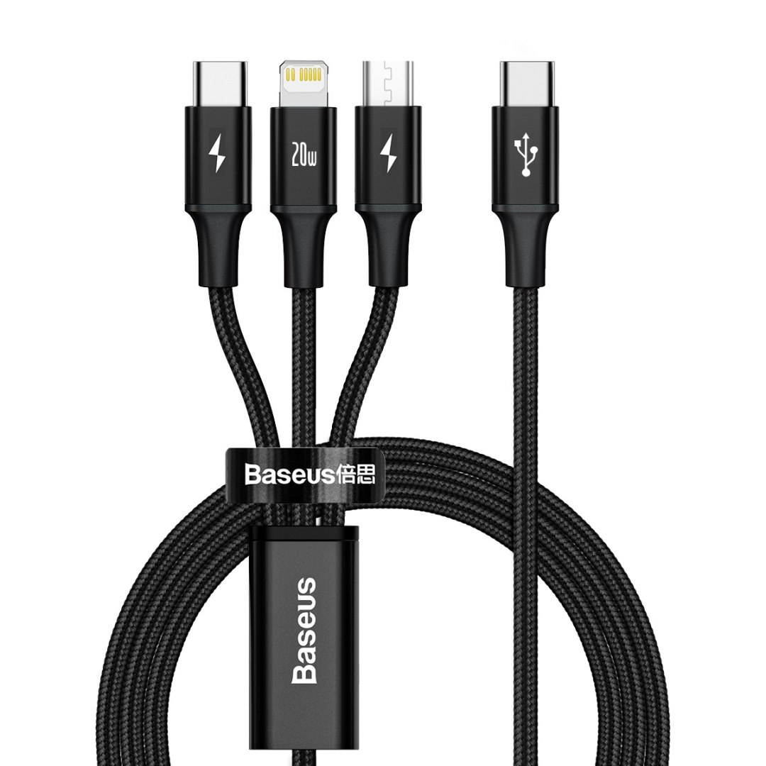 3w1 Kabel przewód USB-C – USB-C / iPhone Lightning / microUSB 20W PD 1.5m – czarny
