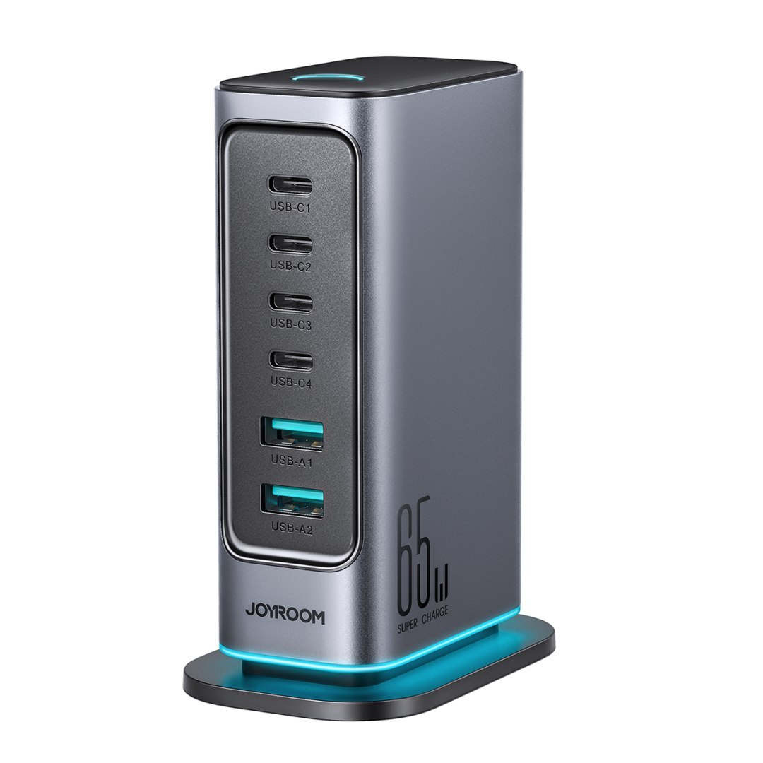 Stacja ładowania ładowarka wieloportowa GaN 65W EU 4x USB-C i 2x USB-A – ciemnoszara