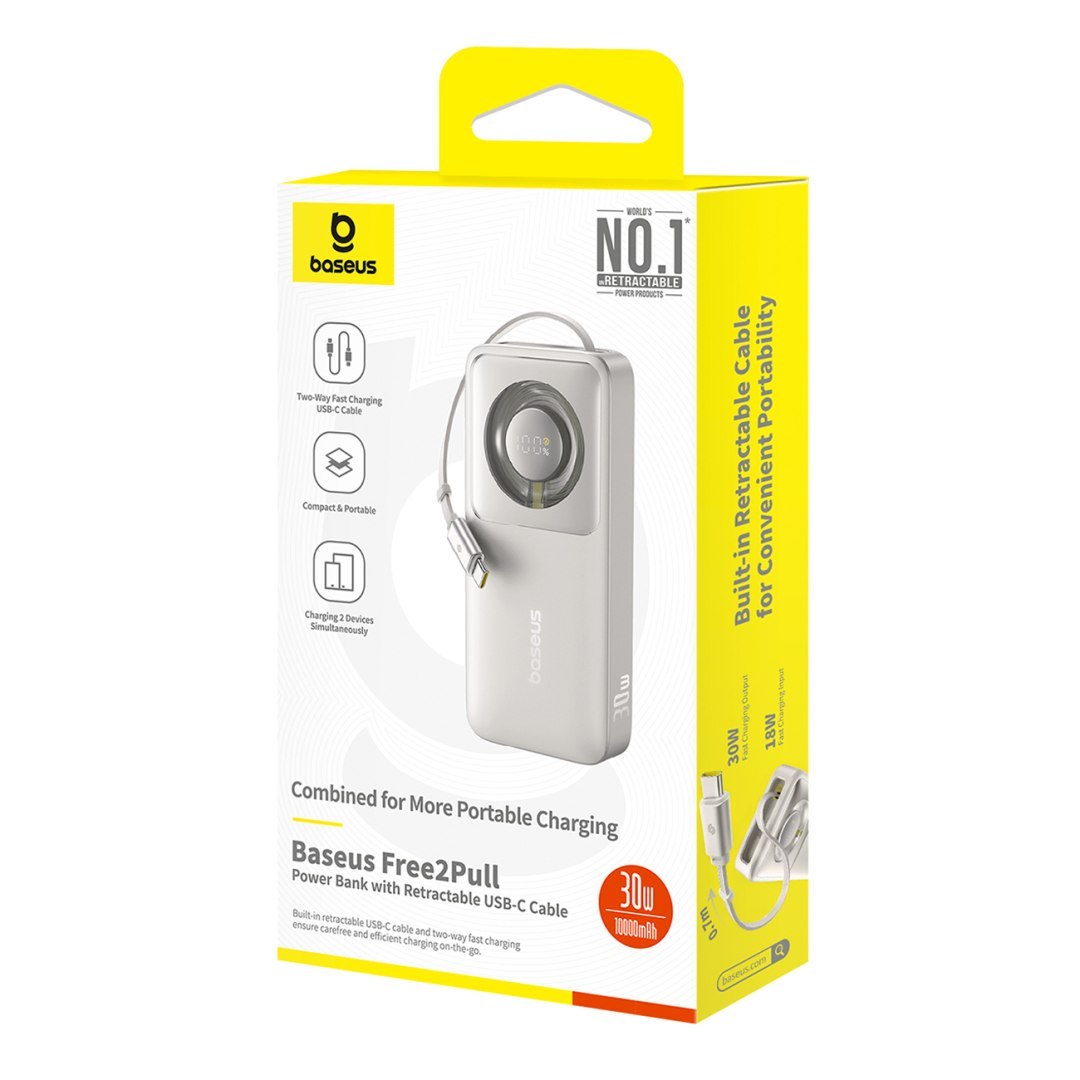Powerbank Free2Pull 10000mAh 30W z portem USB-C i rozwijanym kablem USB-C – szary Powerbank Free2Pull 10000mAh 30W z portem USB-C i rozwijanym kablem USB-C – szary