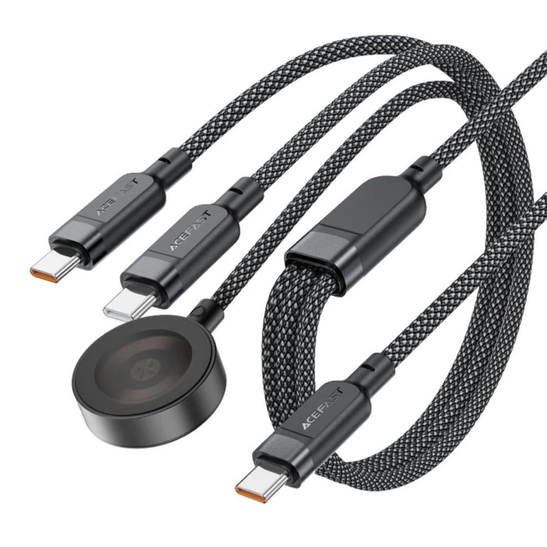 3w1 Kabel przewód USB-C – 2x USB-C / ładowarka Apple Watch Qi 480Mb/s 100W 1.2m – czarny