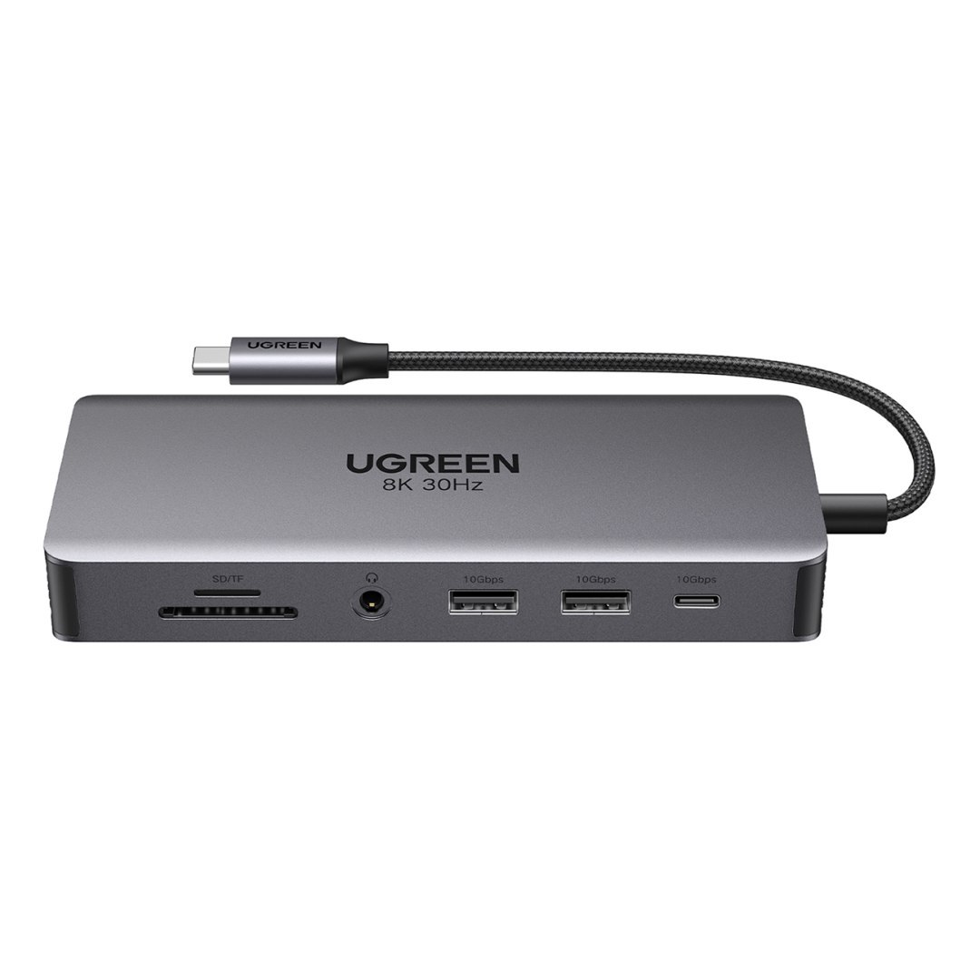 13w1 HUB adapter USB-C – USB-A / USB-C / HDMI / DisplayPort / RJ45 / SD TF / AUX / USB-C PD – szary