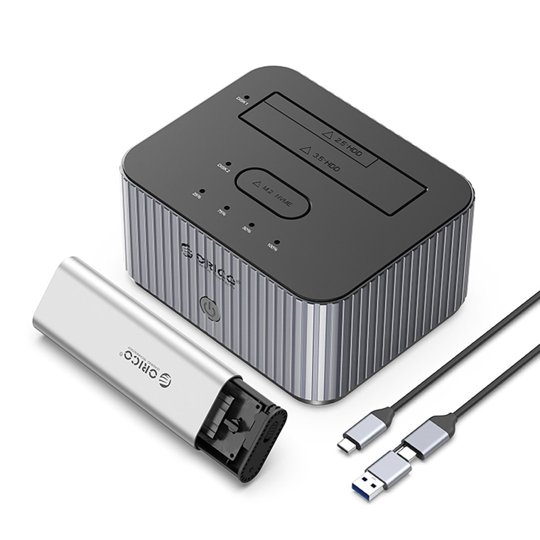 Stacja dokująca IT28E-C z funkcją klonowania na 2 dyski M.2 NVME 2.5” / 3.5 HDD / 2.5” SSD – szara