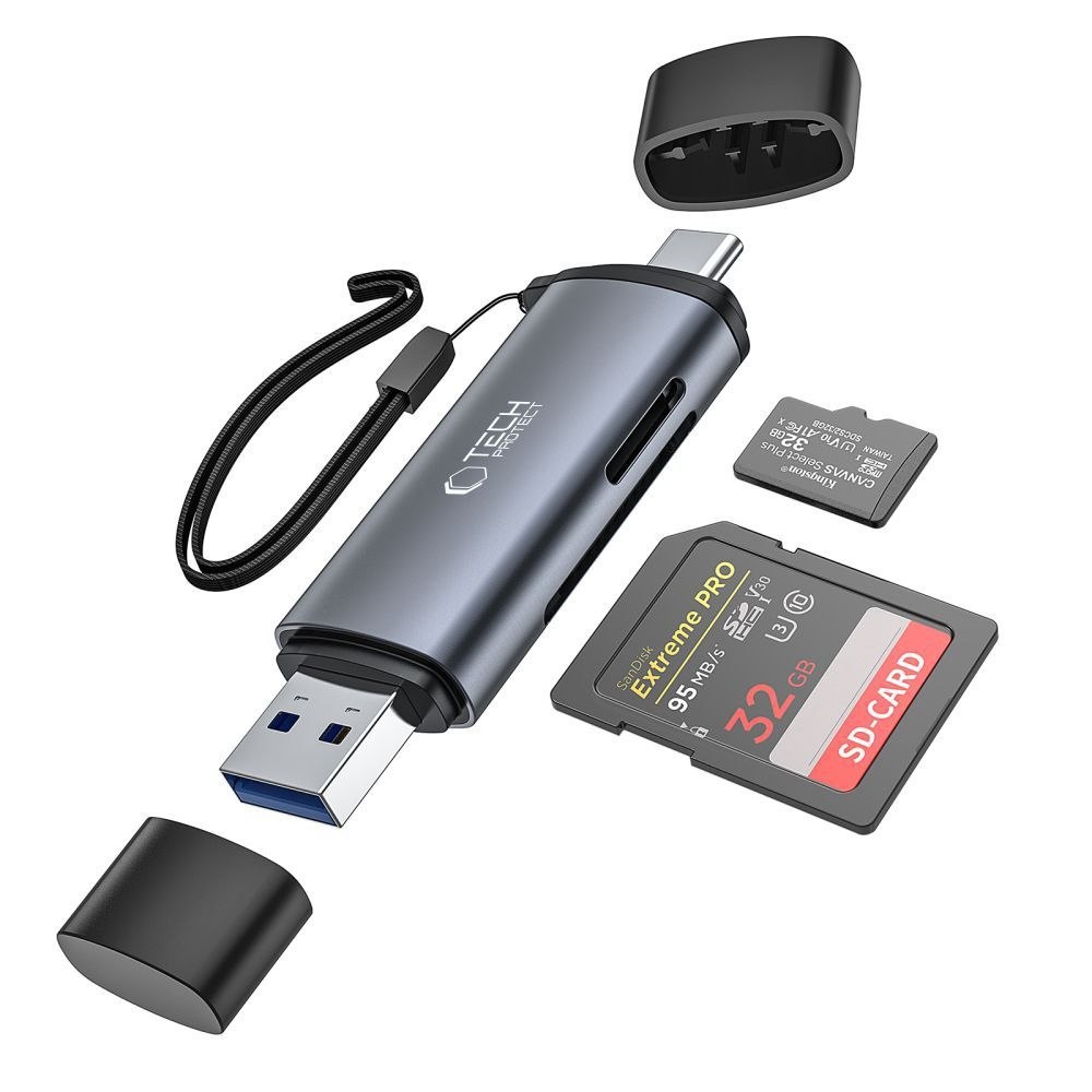 Czytnik kart pamięci SD / micro SD ze złączami USB-C / USB-A – szary