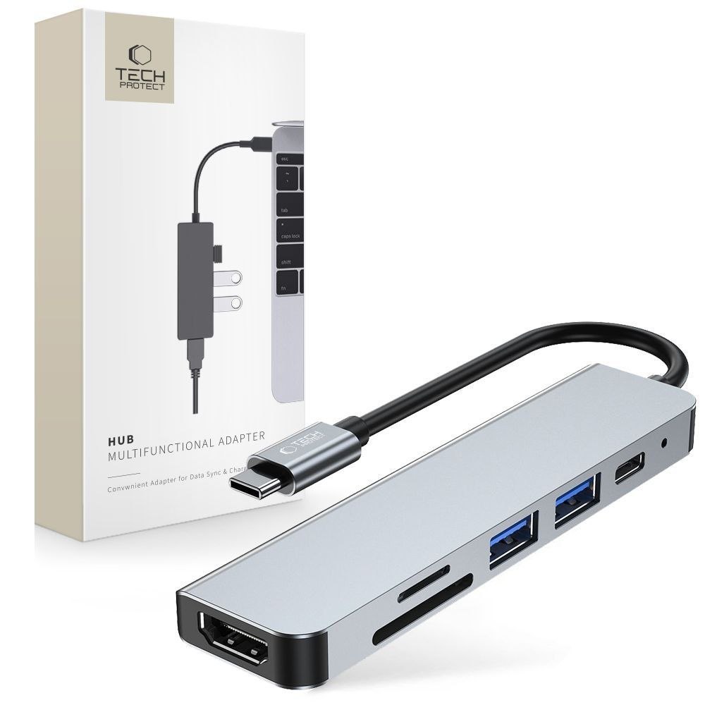 6w1 HUB rozdzielacz USB-C na USB-A USB-C HDMI micro SD / TF / SD – szary