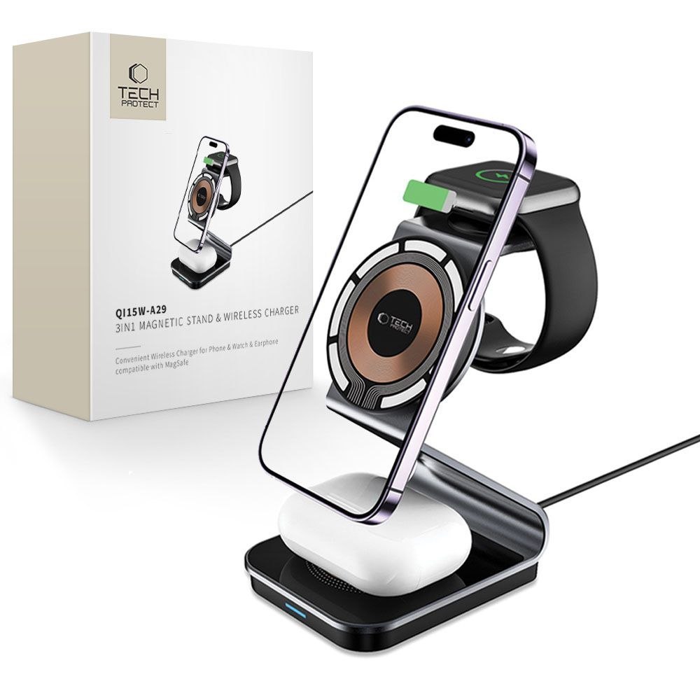 Ładowarka indukcyjna 3w1 z MagSafe na smartfon Apple Watch AirPods – czarna Ładowarka indukcyjna 3w1 z MagSafe na smartfon Apple Watch AirPods – czarna