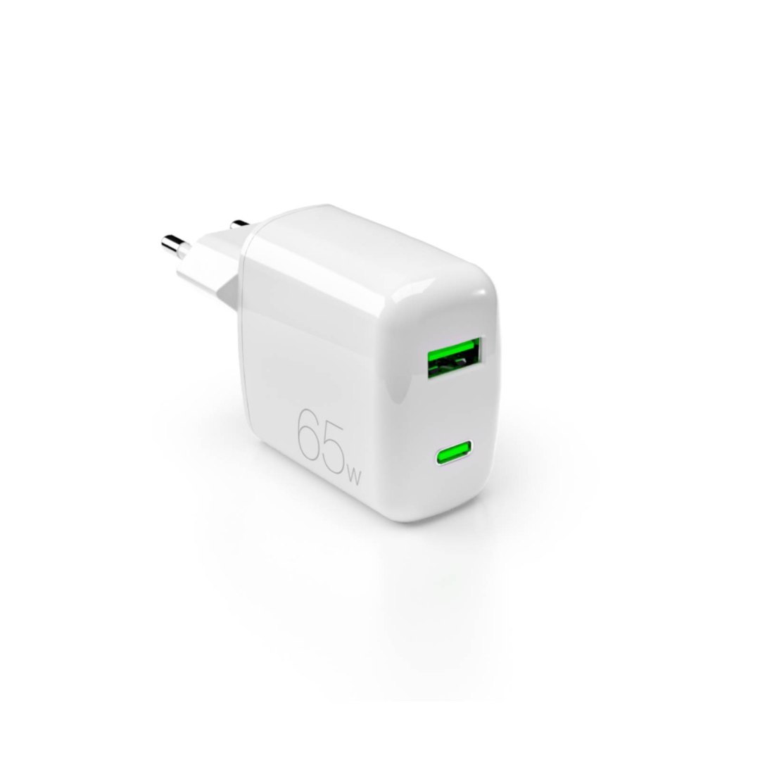 Ładowarka sieciowa USB-A USB-C GaN 65W – biała