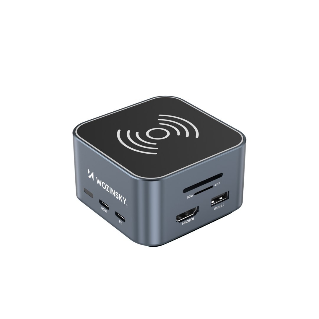 12w1 Hub z ładowarką bezprzewodową USB-A USB-C HDMI RJ45 SD TF mini jack – szary