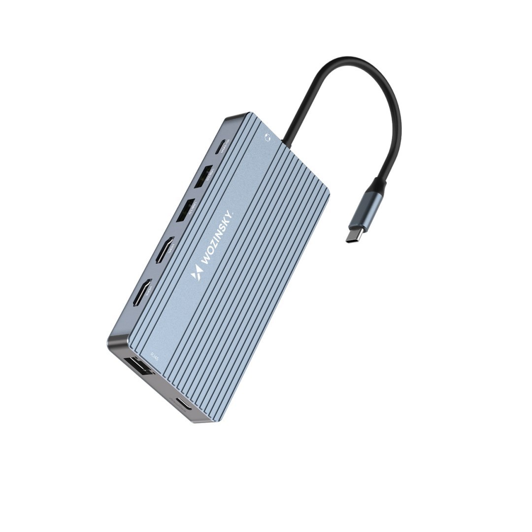14w1 HUB do 3 monitorów USB-A USB-C DisplayPort HDMI RJ45 SD TF mini jack – szary