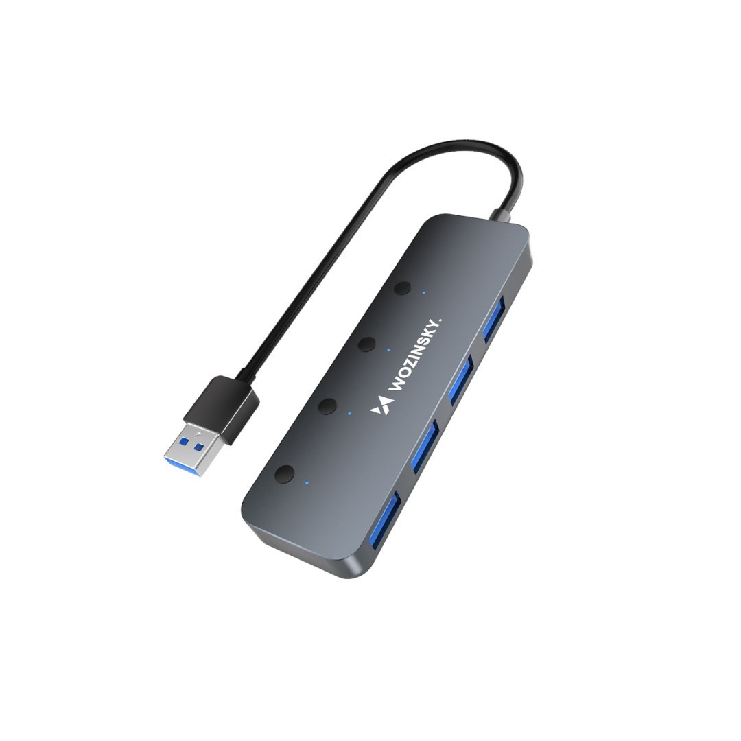 Hub rozdzielacz 4x USB-A z włącznikami aluminiowy – szary Hub rozdzielacz 4x USB-A z włącznikami aluminiowy – szary