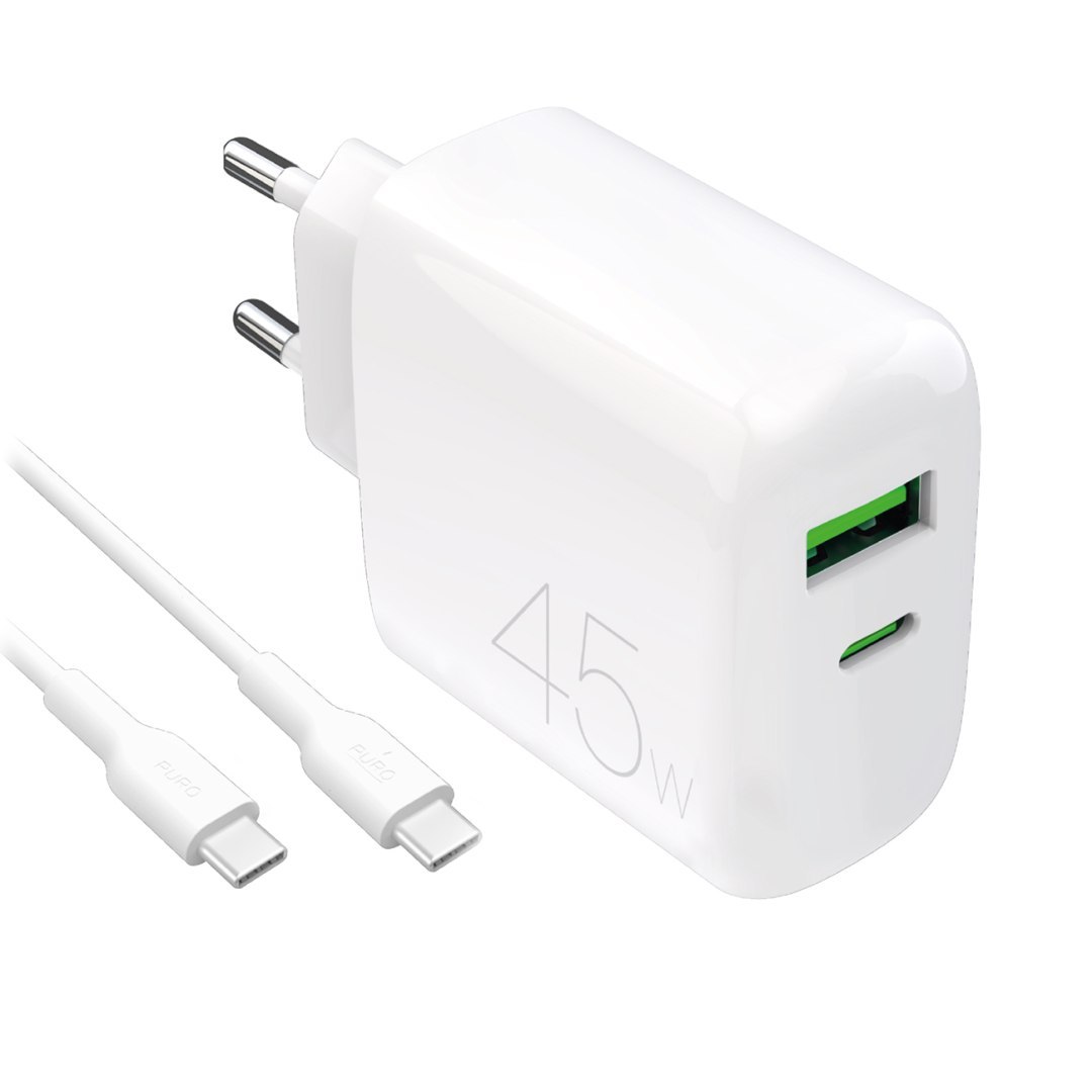 Ładowarka sieciowa USB-C USB-A PD z kablem USB-C 45W – biała Ładowarka sieciowa USB-C USB-A PD z kablem USB-C 45W – biała