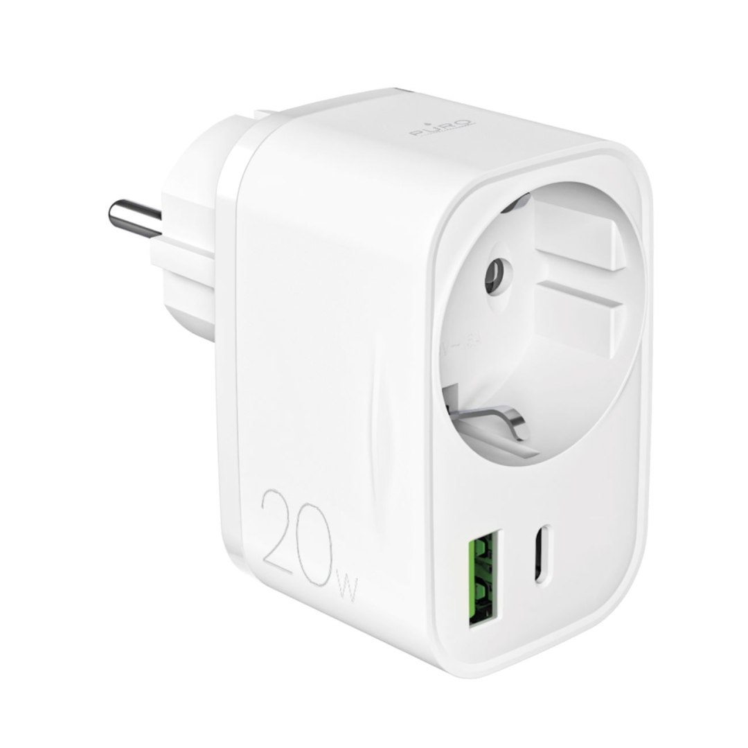 Ładowarka sieciowa USB-A USB-C z gniazdem Schuko PD 20W – biała Ładowarka sieciowa USB-A USB-C z gniazdem Schuko PD 20W – biała