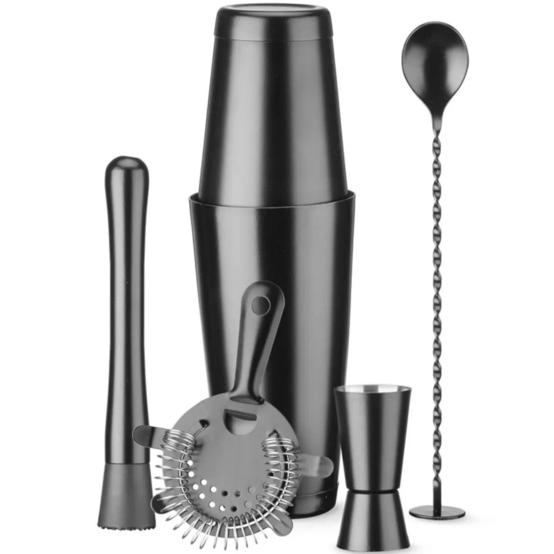 Zestaw barmański w tubie shaker jigger sitko muddler łyżka – czarny Zestaw barmański w tubie shaker jigger sitko muddler łyżka – czarny