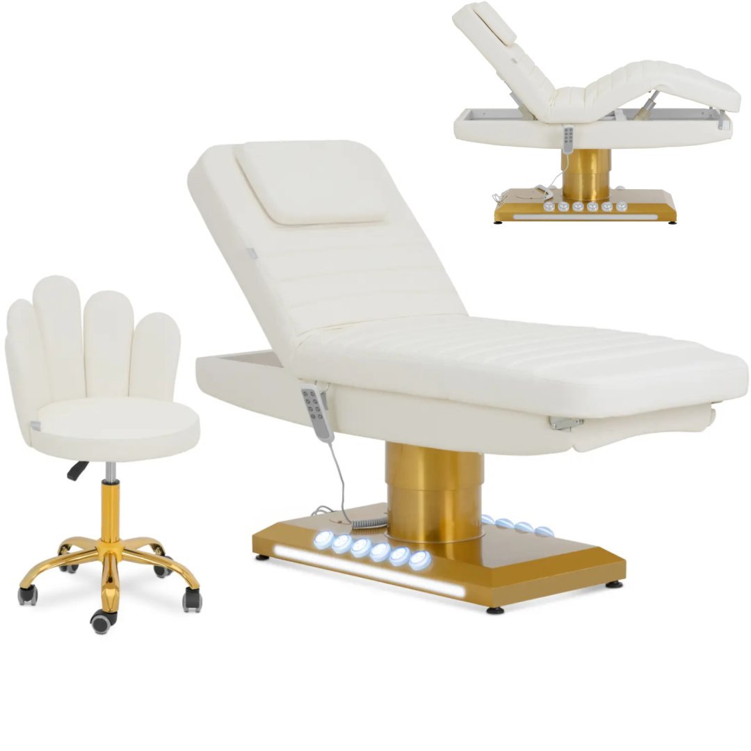 Fotel kosmetyczny SPA podgrzewany z krzesłem 3 silniki 200 kg SAVONA – biało złoty Fotel kosmetyczny SPA podgrzewany z krzesłem 3 silniki 200 kg SAVONA – biało złoty