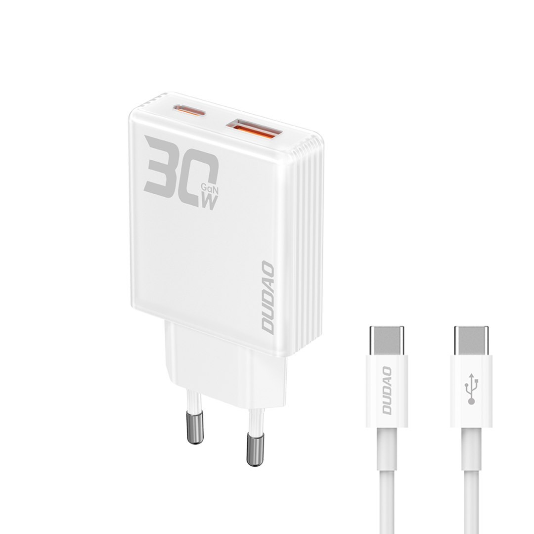 Ładowarka sieciowa GaN 30W USB-A – USB-C z kablem USB-C – biała Ładowarka sieciowa GaN 30W USB-A – USB-C z kablem USB-C – biała