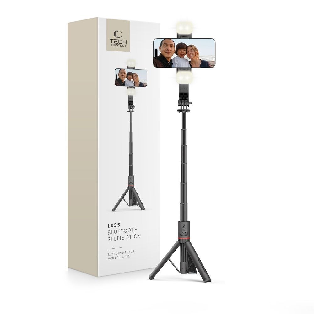 Selfie stick kijek do zdjęć Bluetooth z tripodem lampą LED do 105cm – czarny Selfie stick kijek do zdjęć Bluetooth z tripodem lampą LED do 105cm – czarny