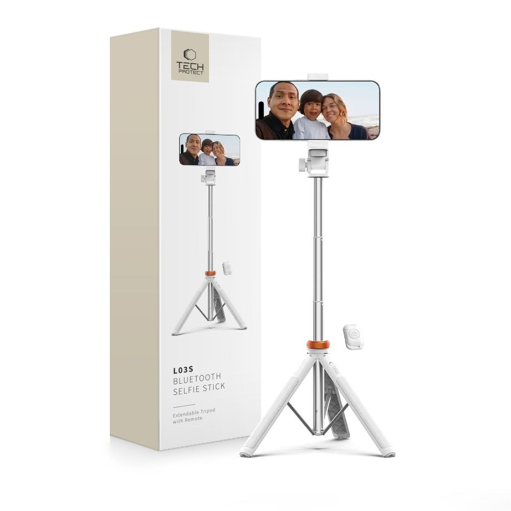 Selfie stick kijek do zdjęć Bluetooth z tripodem pilotem i głowicą 180 do 148cm – biały Selfie stick kijek do zdjęć Bluetooth z tripodem pilotem i głowicą 180 do 148cm – biały