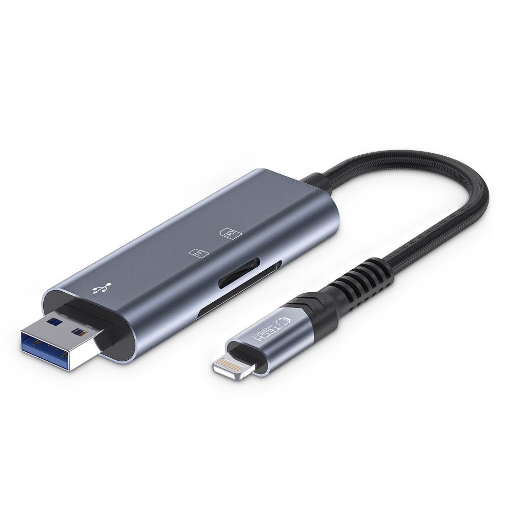Czytnik kart pamięci SD / micro SD ze złączem iPhone Lightning / USB-A – szary