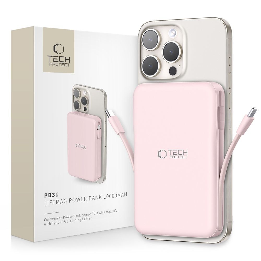 Powerbank 10000 mAh USB-A USB-C z kablami USB-C iPhone Lightning MagSafe – różowy Powerbank 10000 mAh USB-A USB-C z kablami USB-C iPhone Lightning MagSafe – różowy