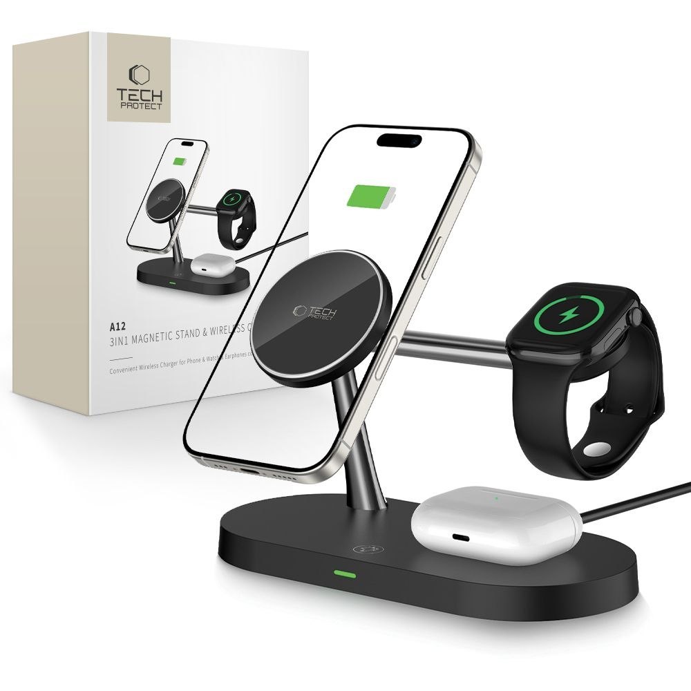 Ładowarka indukcyjna 3w1 na smartfon słuchawki smartwatch z MagSafe – czarna Ładowarka indukcyjna 3w1 na smartfon słuchawki smartwatch z MagSafe – czarna