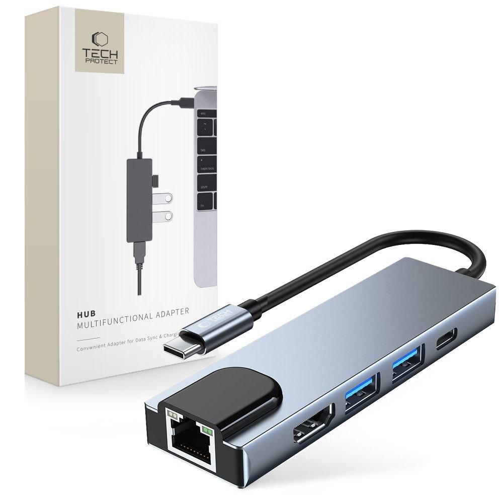 5w1 HUB rozdzielacz USB-C na USB-C USB-A HDMI RJ45 – szary 5w1 HUB rozdzielacz USB-C na USB-C USB-A HDMI RJ45 – szary