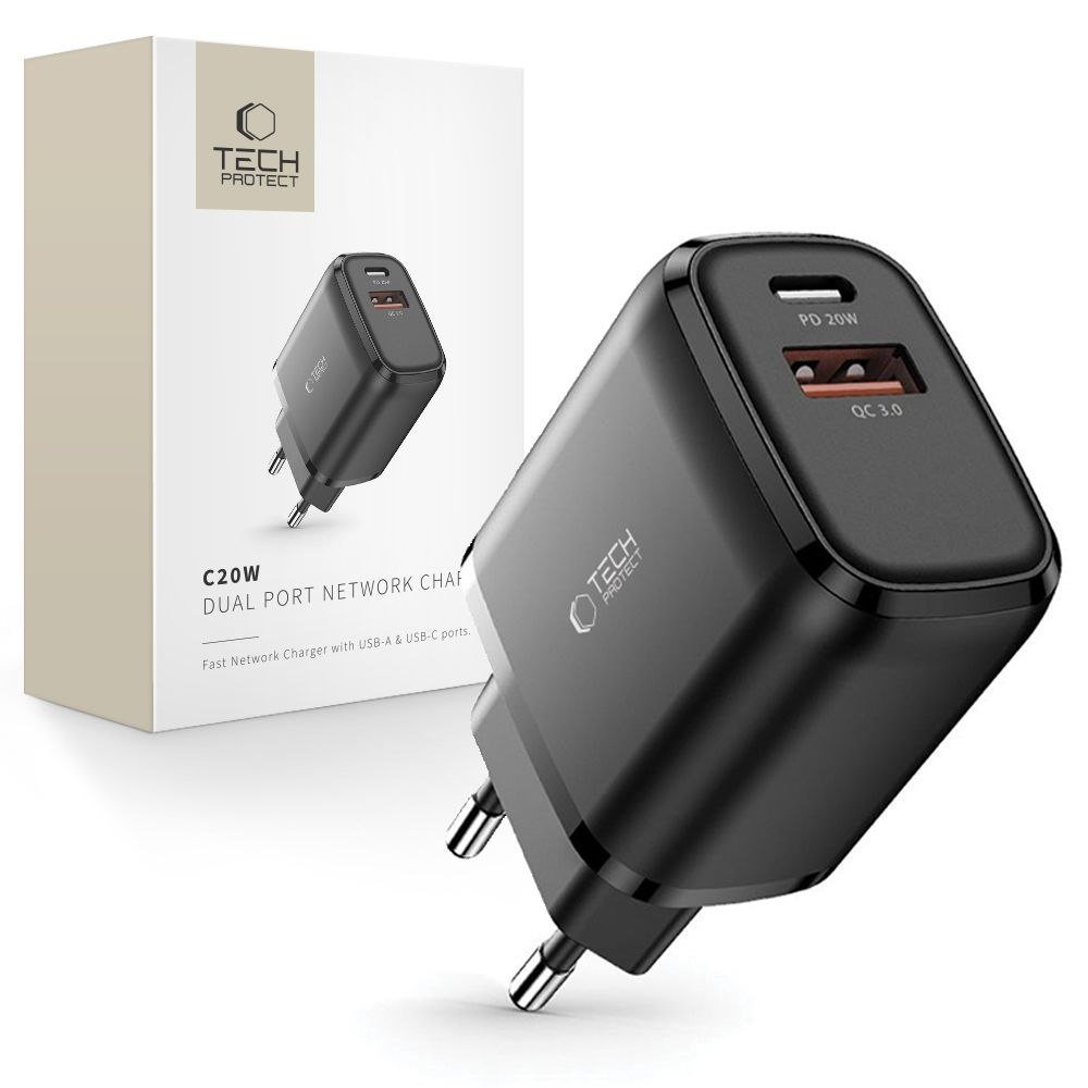 Ładowarka sieciowa USB-C PD 20W / USB-A QC 3.0 – czarna