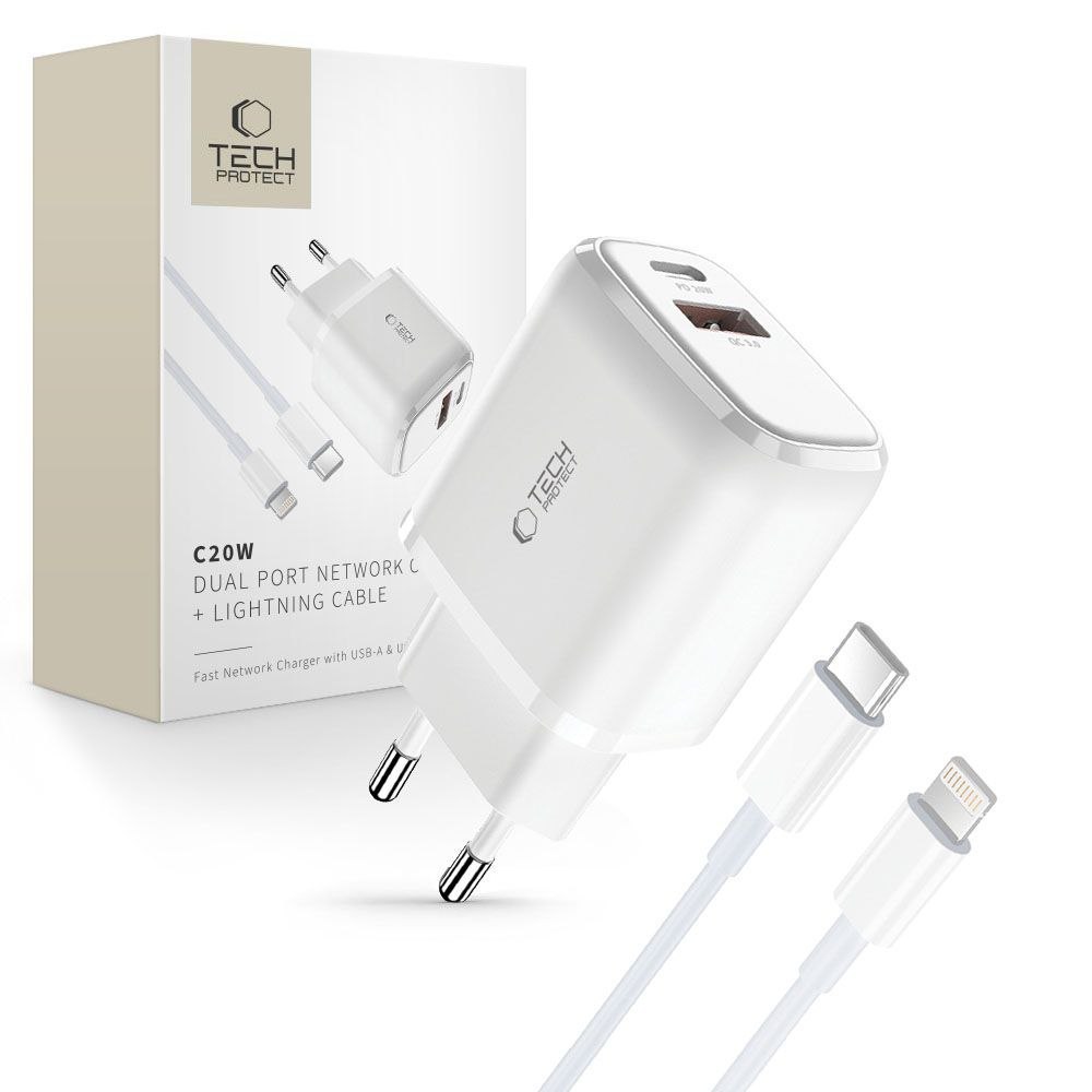 Ładowarka sieciowa USB-C PD 20W / USB-A QC 3.0 z kablem USB-C / iPhone Lightning – biała Ładowarka sieciowa USB-C PD 20W / USB-A QC 3.0 z kablem USB-C / iPhone Lightning – biała