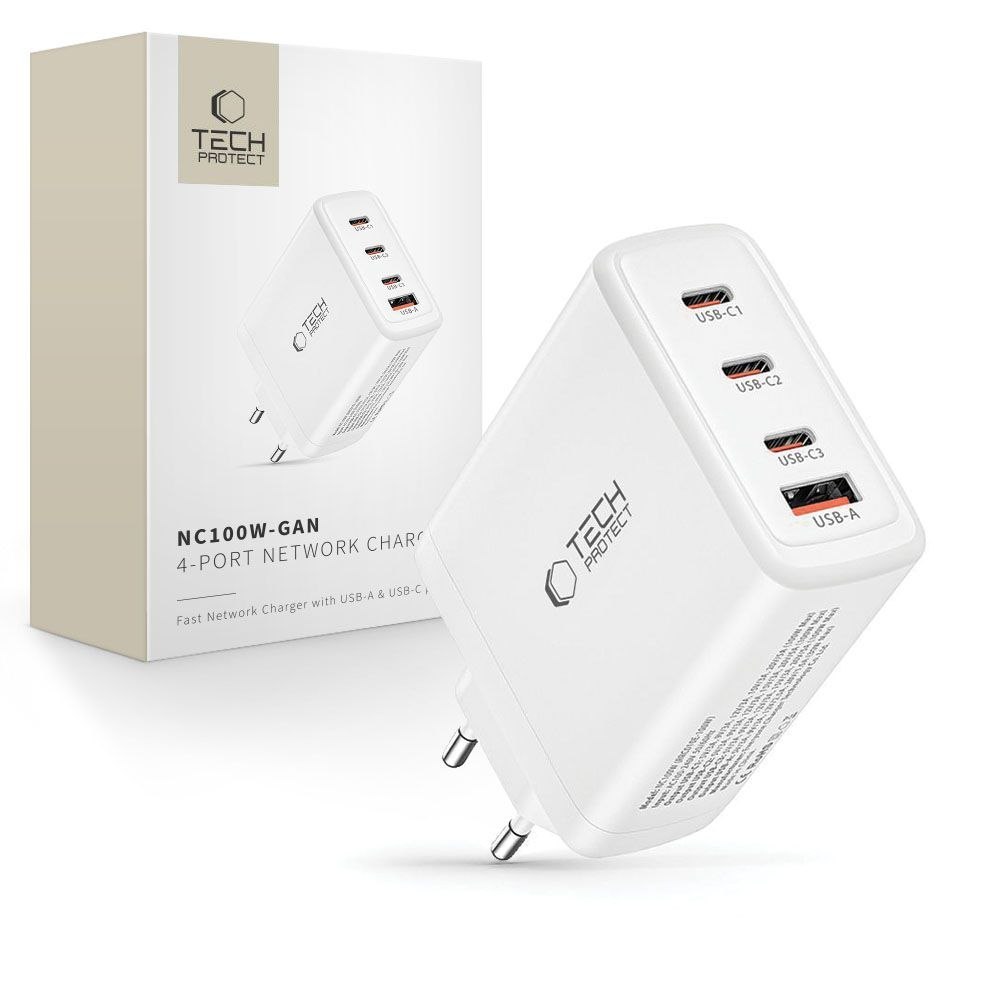 Ładowarka sieciowa GaN 3x USB-C PD USB-A QC 100W – biała