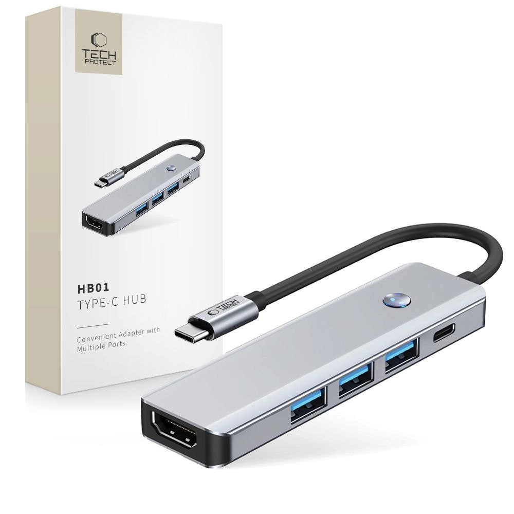 5w1 HUB Adapter USB-C PD USB-A HDMI 4K 60Hz 100W – szary