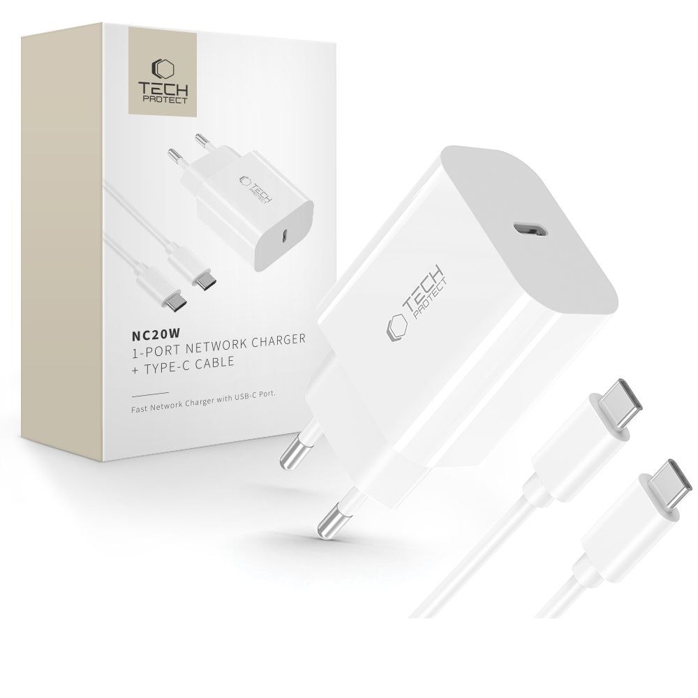 Ładowarka sieciowa USB-C z kablem USB-C PD 20W – biała Ładowarka sieciowa USB-C z kablem USB-C PD 20W – biała