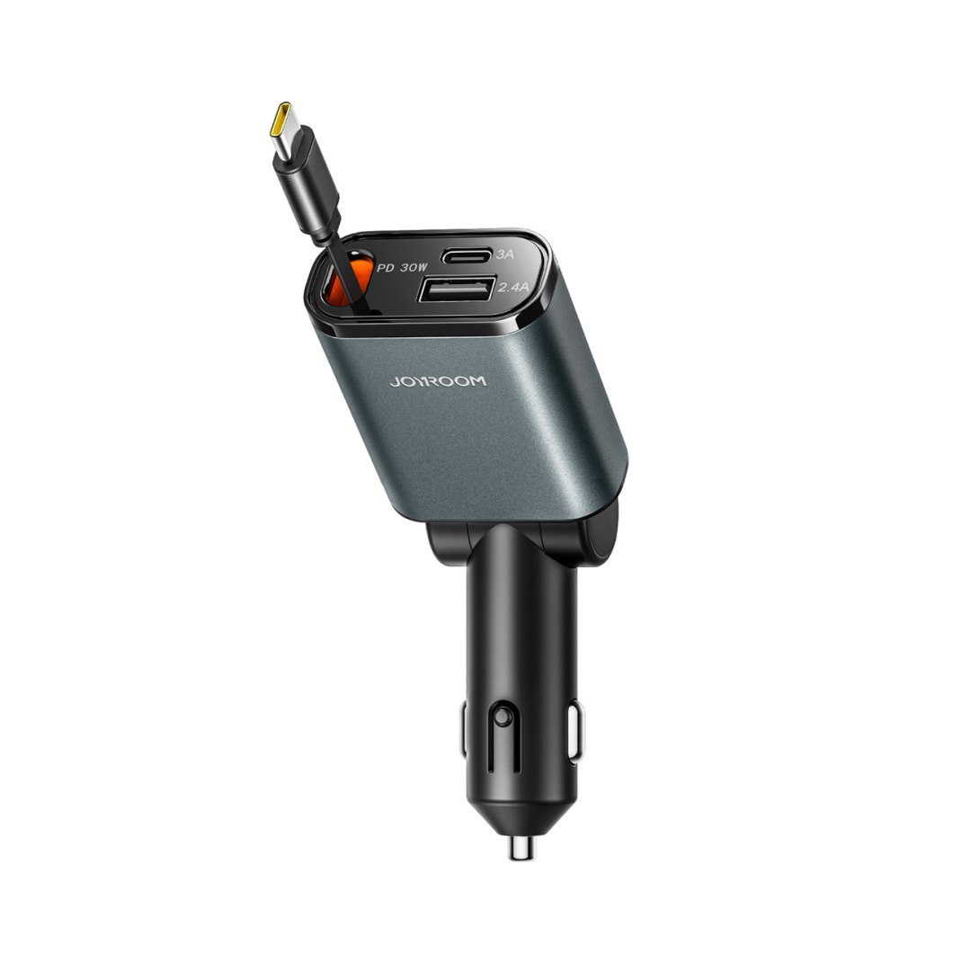 Ładowarka samochodowa 3w1 z kablem zwijanym USB-A USB-C – ciemnoszara