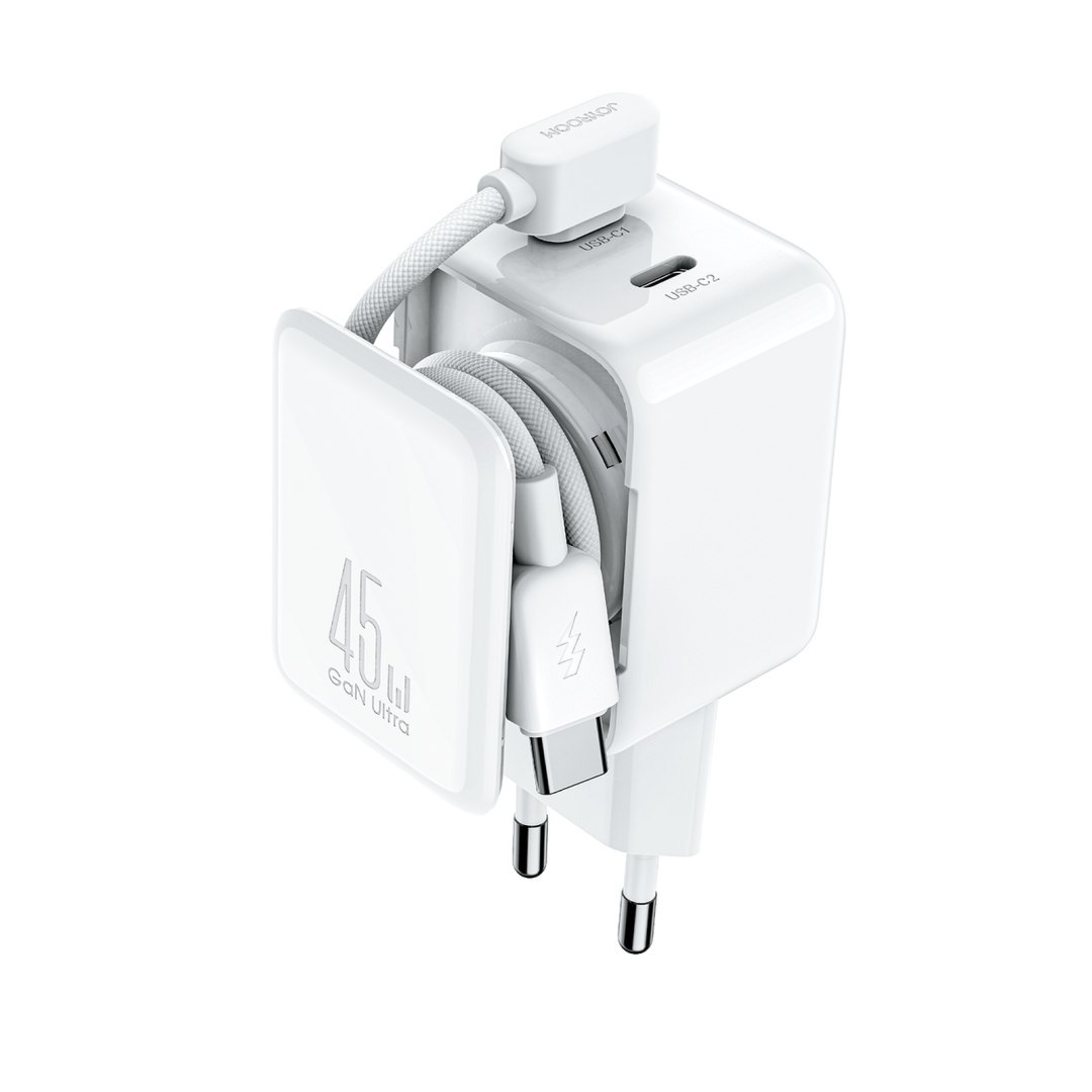 Ładowarka sieciowa GaN z organizerem na kabel 45W – biała Ładowarka sieciowa GaN z organizerem na kabel 45W – biała