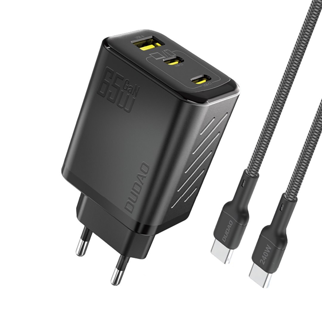 Ładowarka sieciowa GaN z kablem USB-C 1m 65W – czarna